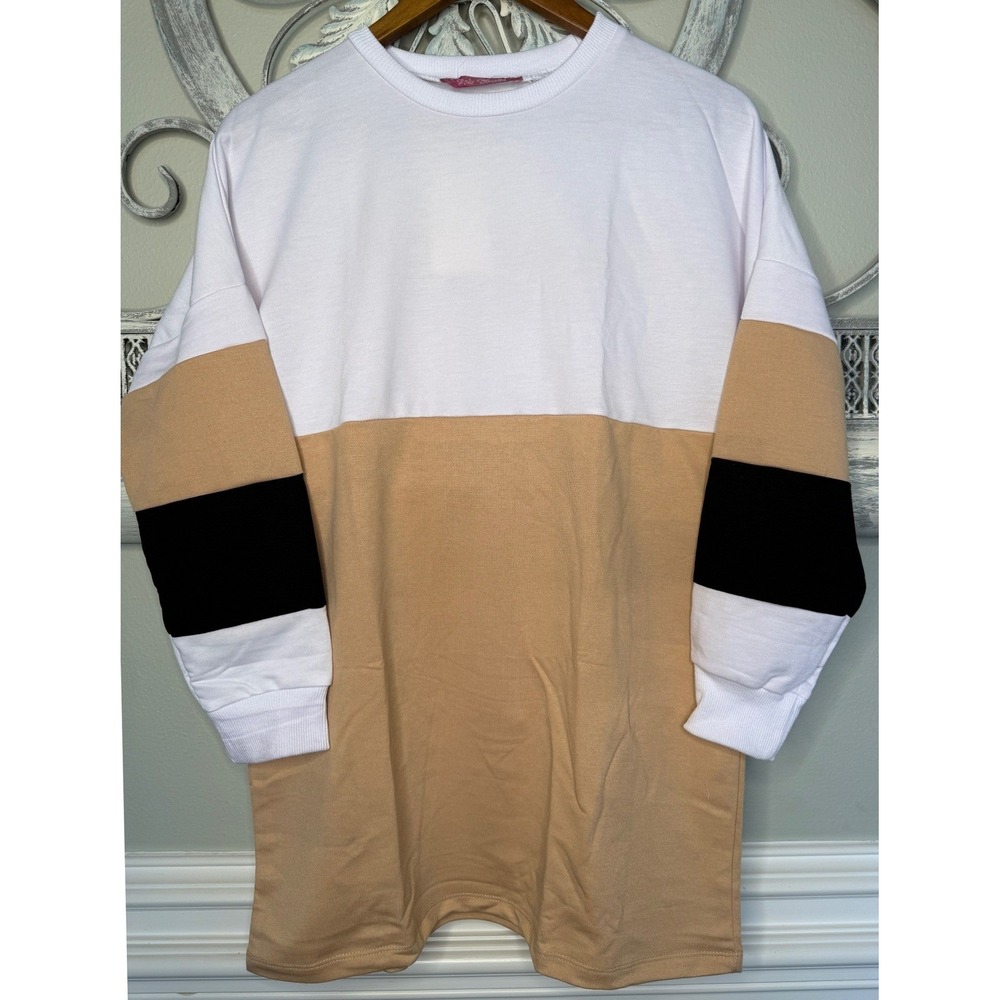 Polo Bonetta Womens Colorblock Tunic Sweatshirt White Tan Black S-M NEW